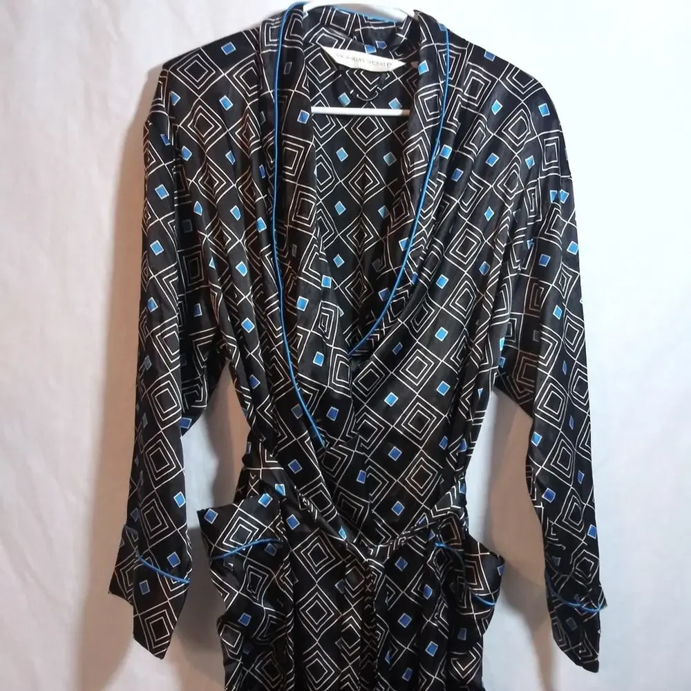 Vintage Victoria's Secret Silky Satin Geometric Patterned Black Blue Robe  Xs/S